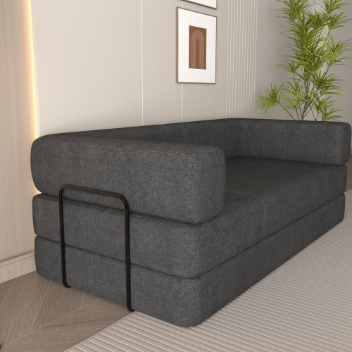 Convertible Sleeper Sofa Bed With Cylindrical Pillow, Corduroy Folding Mattress Couch With Fixed-Shape Frame, Floor Sofa Lounge Couch For Living Room Bedroom Lounge Studio Orange Red