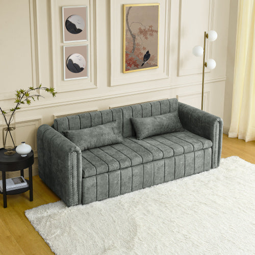 3 In 1 Pull-Out Bed Sleeper, Modern Upholstered 3 Seats Lounge Sofa & Couches With Rolled Arms Decorated With Copper Nails , Convertible Futon 3 Seats Sofabed With Two Drawers And Two Pillows