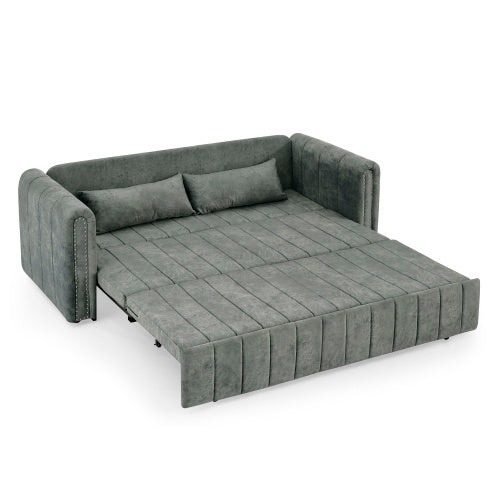 3 In 1 Pull-Out Bed Sleeper, Modern Upholstered 3 Seats Lounge Sofa & Couches With Rolled Arms Decorated With Copper Nails , Convertible Futon 3 Seats Sofabed With Two Drawers And Two Pillows