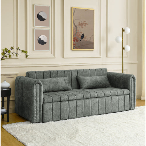 3 In 1 Pull-Out Bed Sleeper, Modern Upholstered 3 Seats Lounge Sofa & Couches With Rolled Arms Decorated With Copper Nails , Convertible Futon 3 Seats Sofabed With Two Drawers And Two Pillows