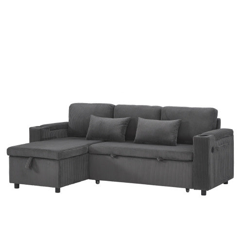 3 In 1 Convertible Corduroy Sofa Bed With Storage Chaise, L Shaped Sleeper Sofa Couches With Armrest Storage And Charging Station. Pullout Sectional Daybed For Living RoomBedroomOffice, Grey
