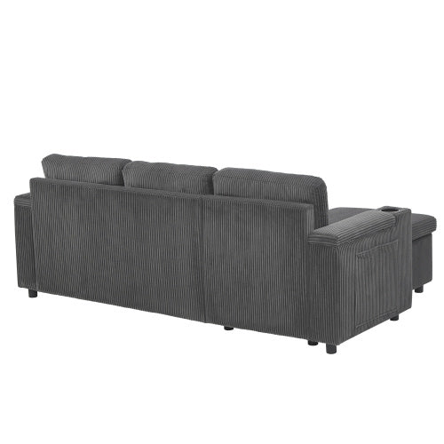 3 In 1 Convertible Corduroy Sofa Bed With Storage Chaise, L Shaped Sleeper Sofa Couches With Armrest Storage And Charging Station. Pullout Sectional Daybed For Living RoomBedroomOffice, Grey