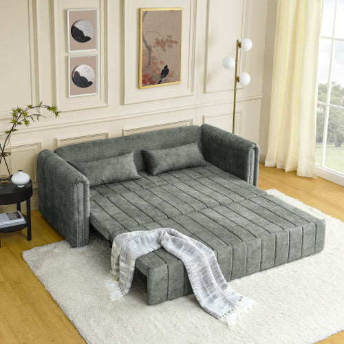 3 In 1 Pull-Out Bed Sleeper, Modern Upholstered 3 Seats Lounge Sofa & Couches With Rolled Arms Decorated With Copper Nails , Convertible Futon 3 Seats Sofabed With Two Drawers And Two Pillows