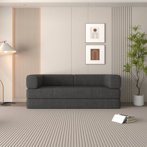 Convertible Sleeper Sofa Bed With Cylindrical Pillow, Corduroy Folding Mattress Couch With Fixed-Shape Frame, Floor Sofa Lounge Couch For Living Room Bedroom Lounge Studio Orange Red