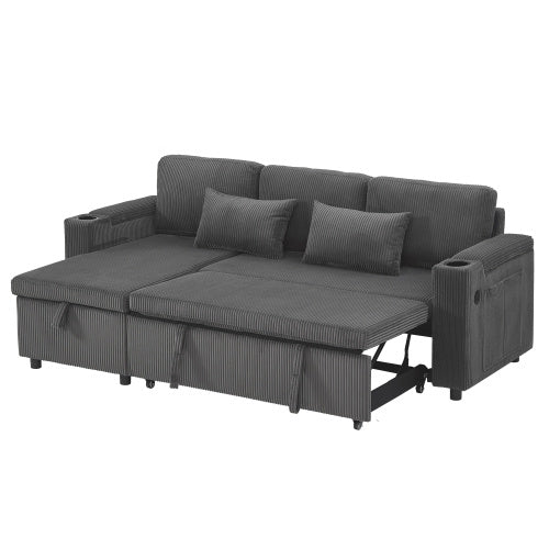 3 In 1 Convertible Corduroy Sofa Bed With Storage Chaise, L Shaped Sleeper Sofa Couches With Armrest Storage And Charging Station. Pullout Sectional Daybed For Living RoomBedroomOffice, Grey