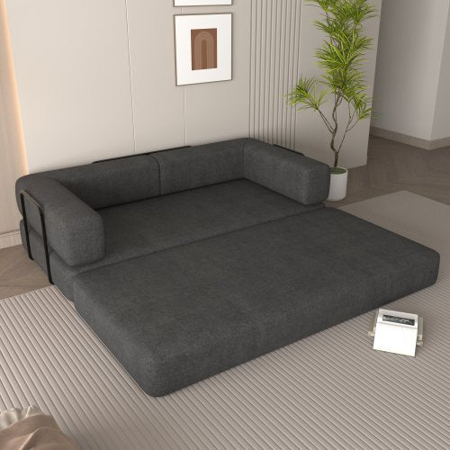 Convertible Sleeper Sofa Bed With Cylindrical Pillow, Corduroy Folding Mattress Couch With Fixed-Shape Frame, Floor Sofa Lounge Couch For Living Room Bedroom Lounge Studio Orange Red