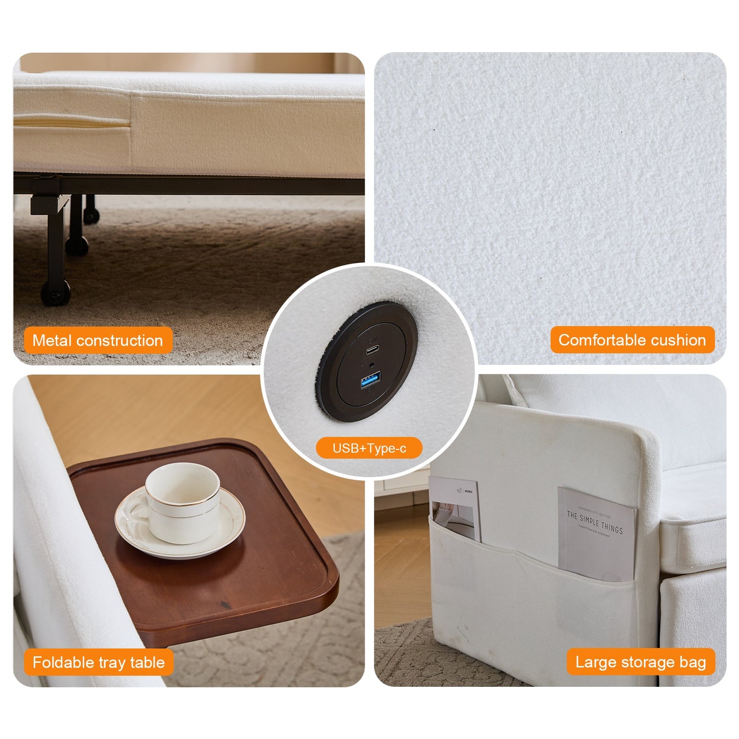 Adult Sleeper Chair Bed, 3-in-1 Convertible Sofa Chair Bed Pull-out Sofa Bed, Convenient Folding Tray Table With USB And Type-C Charging Ports Modern Loveseat For Living Room