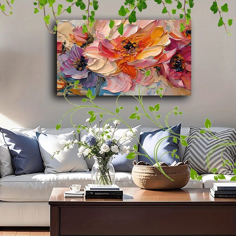 1pc Vibrant Floral Canvas Art With Wooden Frame - Textured Pastel Flowers, Abstract Blossom Arrangement For Home & Office Decor, Ideal For Living Room, Corridor, Anniversary