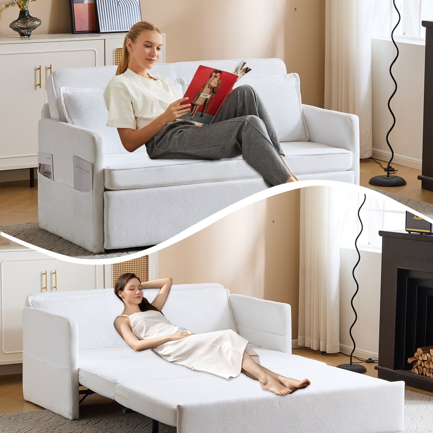 Adult Sleeper Chair Bed, 3-in-1 Convertible Sofa Chair Bed Pull-out Sofa Bed, Convenient Folding Tray Table With USB And Type-C Charging Ports Modern Loveseat For Living Room