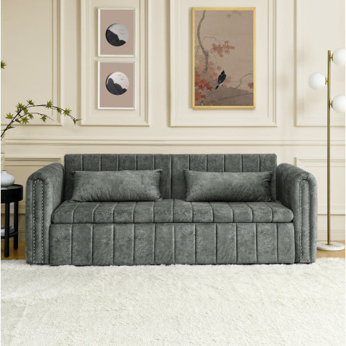 3 In 1 Pull-Out Bed Sleeper, Modern Upholstered 3 Seats Lounge Sofa & Couches With Rolled Arms Decorated With Copper Nails , Convertible Futon 3 Seats Sofabed With Two Drawers And Two Pillows