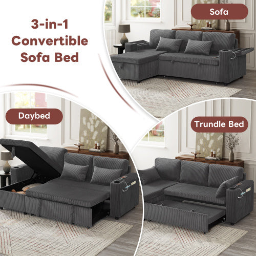 3 In 1 Convertible Corduroy Sofa Bed With Storage Chaise, L Shaped Sleeper Sofa Couches With Armrest Storage And Charging Station. Pullout Sectional Daybed For Living RoomBedroomOffice, Grey