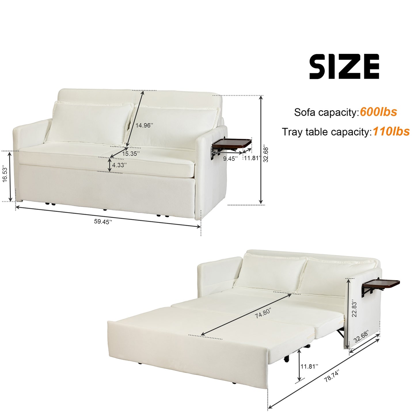 Adult Sleeper Chair Bed, 3-in-1 Convertible Sofa Chair Bed Pull-out Sofa Bed, Convenient Folding Tray Table With USB And Type-C Charging Ports Modern Loveseat For Living Room