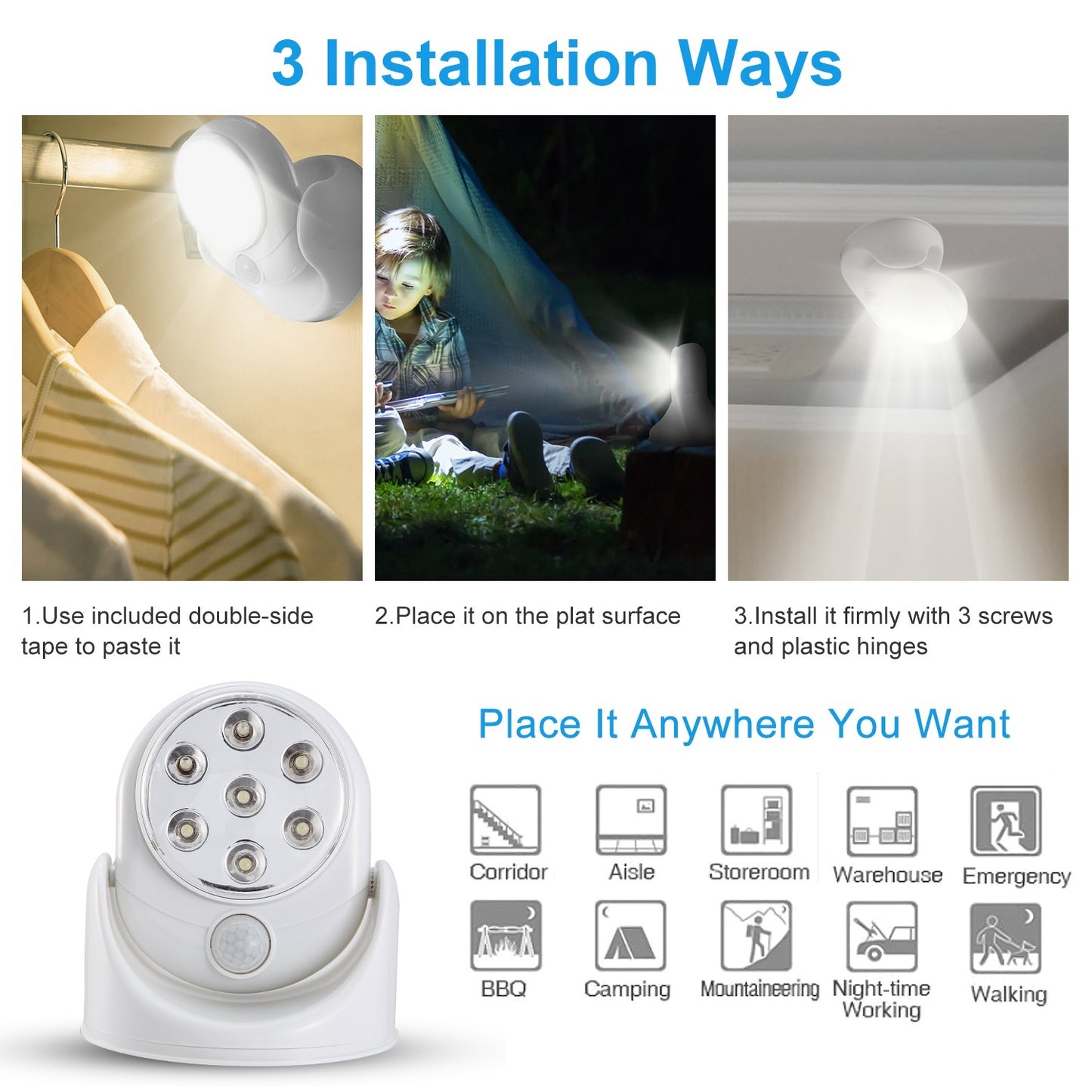 1Pc Wireless LED Spotlight Night Lamp 360 Degree Rotatable With 90 Degree Motion Sensor Battery Operated With 23ft Sensing Range For Closet Bathroom
