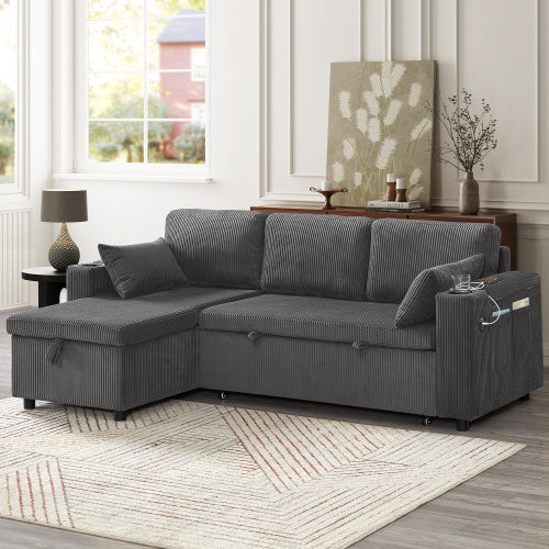 3 In 1 Convertible Corduroy Sofa Bed With Storage Chaise, L Shaped Sleeper Sofa Couches With Armrest Storage And Charging Station. Pullout Sectional Daybed For Living RoomBedroomOffice, Grey