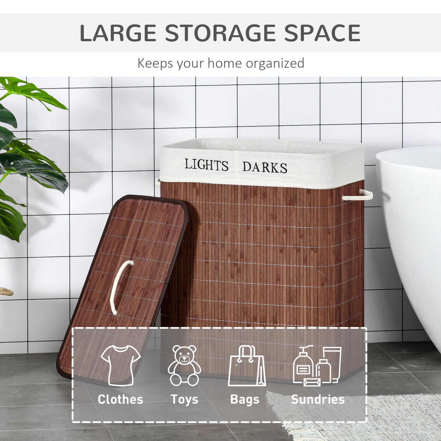 Bamboo Laundry Basket With Lid And String Handles, Collapsible Laundry Hamper With 2 Removable Bags