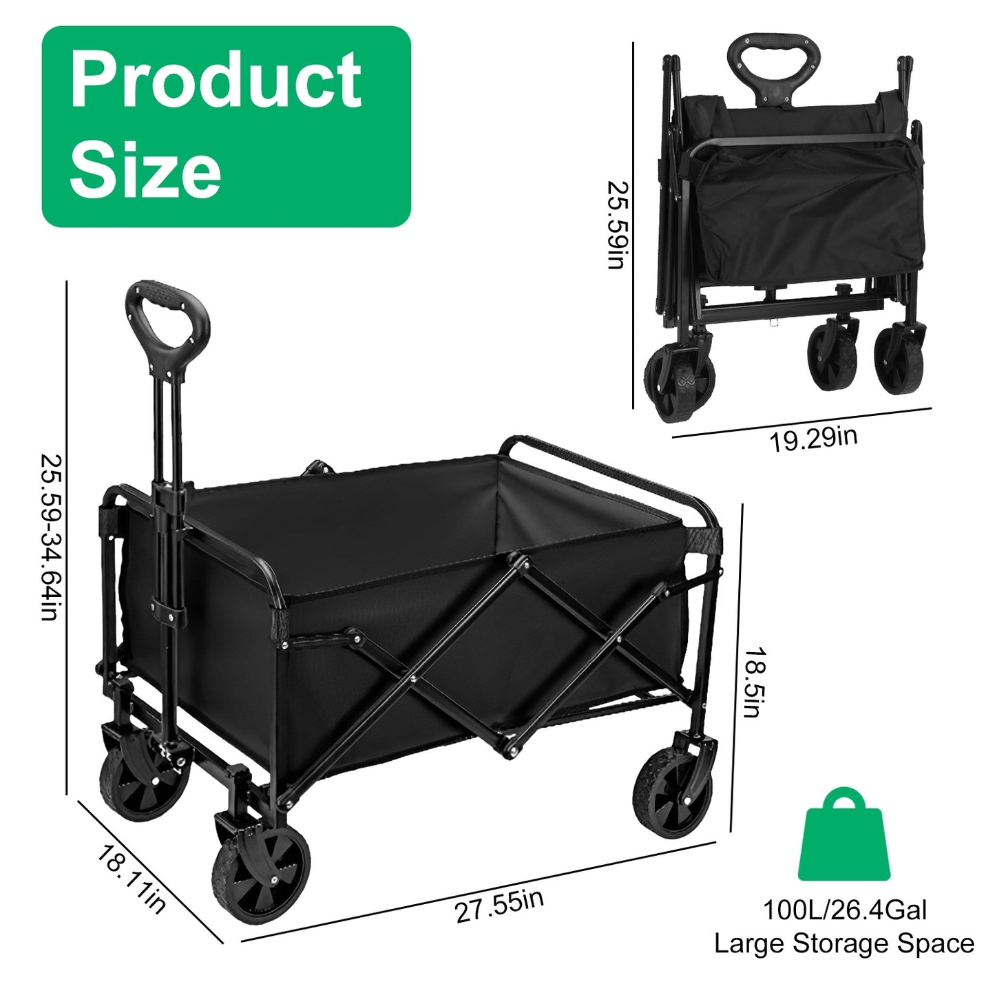 26.4Gal Collapsible Folding Wagon Cart With Adjustable Handle 220LBS Load Capacity Heavy Duty Foldable Utility Outdoor Wagon For Camping Shopping Garden