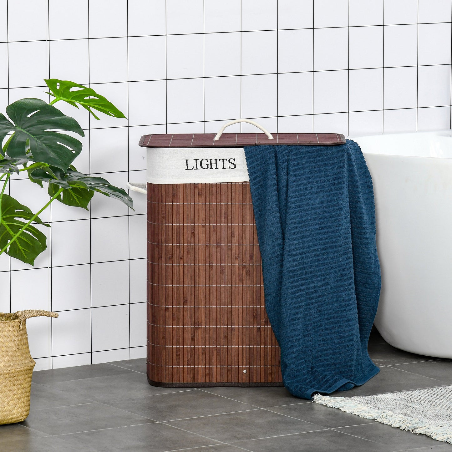 Bamboo Laundry Basket With Lid And String Handles, Collapsible Laundry Hamper With 2 Removable Bags