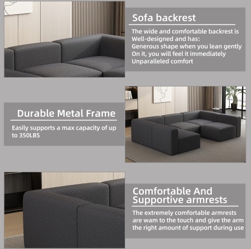 Modular Sectional Sofa Sleeper Couch, Sectional Sofa With Chaise And Ottoman, Convertible U Shaped Modular Sofa Set. Compressed Sponge, Dark Grey