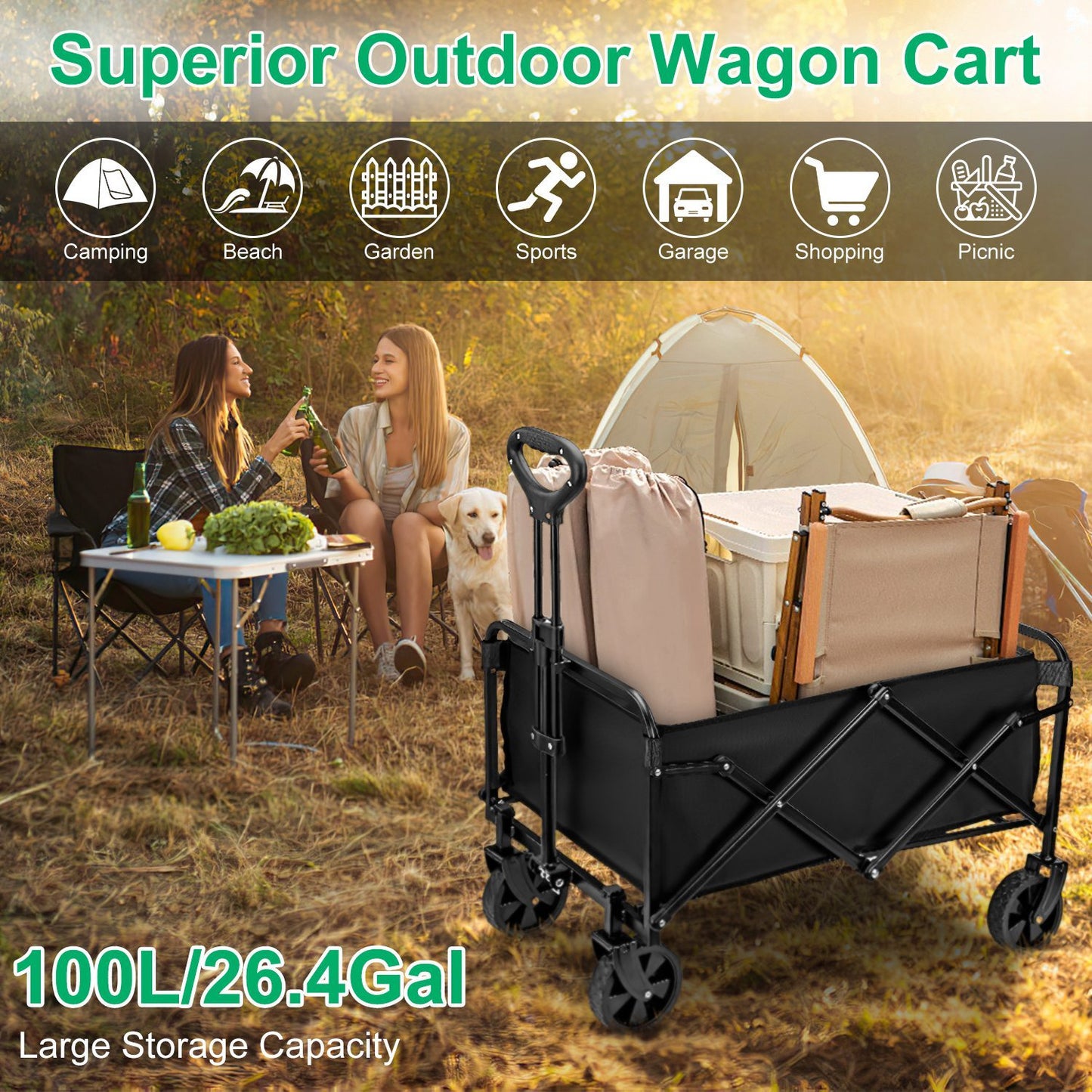 26.4Gal Collapsible Folding Wagon Cart With Adjustable Handle 220LBS Load Capacity Heavy Duty Foldable Utility Outdoor Wagon For Camping Shopping Garden